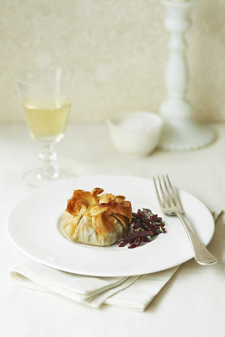 Filo pastry parcels with a beetroot salad