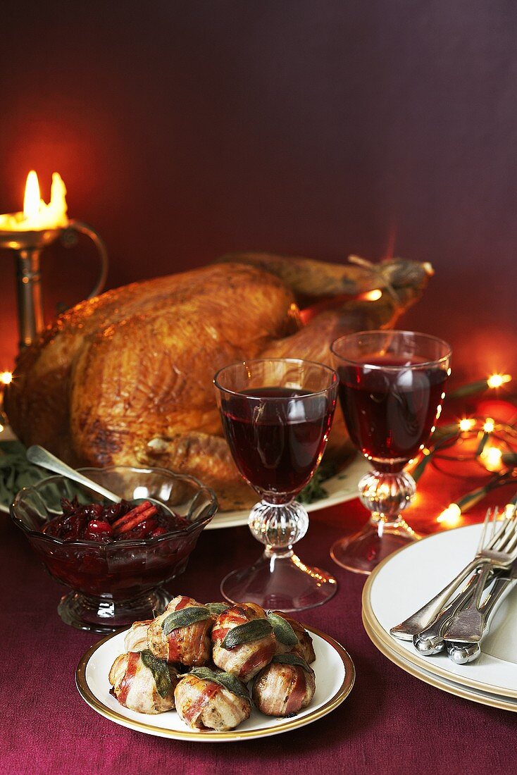 Stuffed turkey, bacon-wrapped dates and red wine (Christmas)