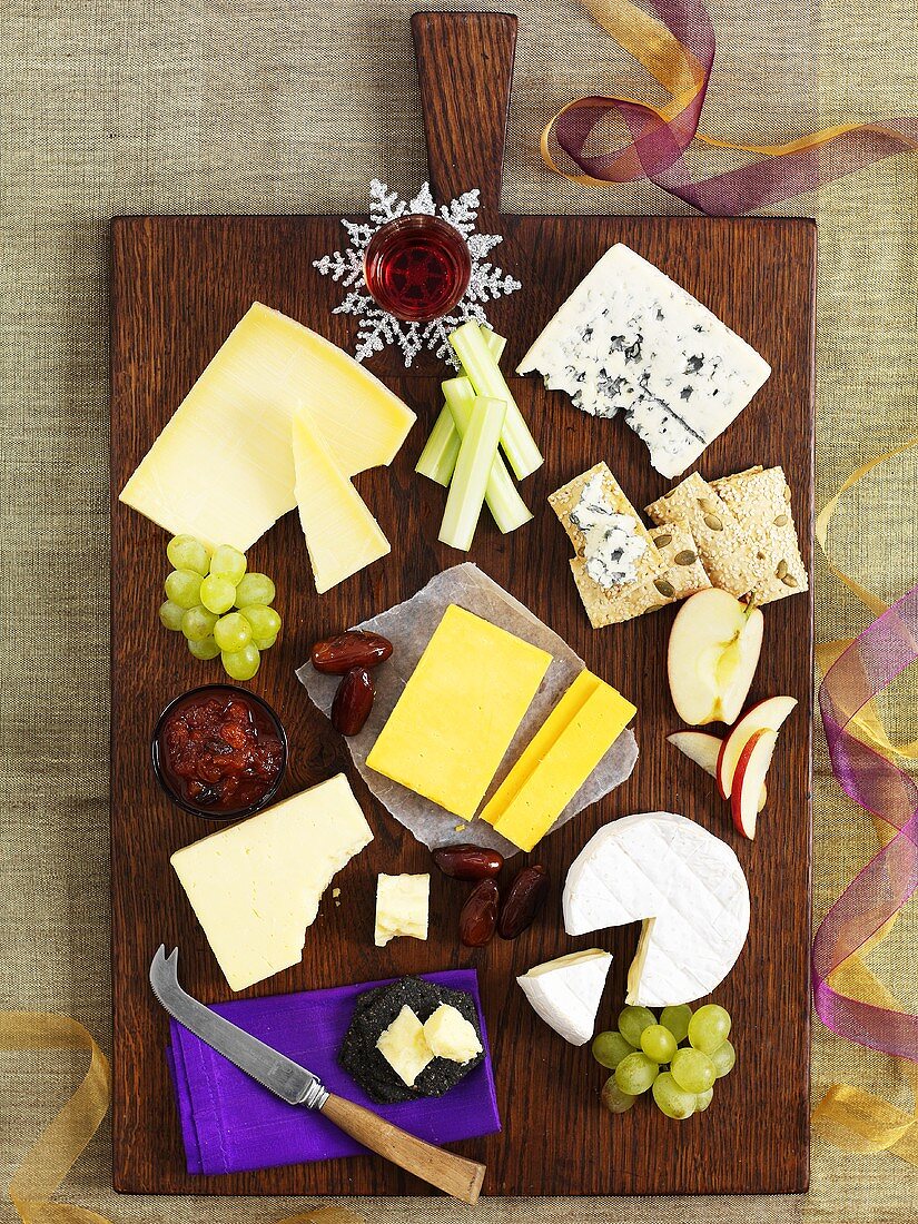 A Christmas cheese board, seen from above