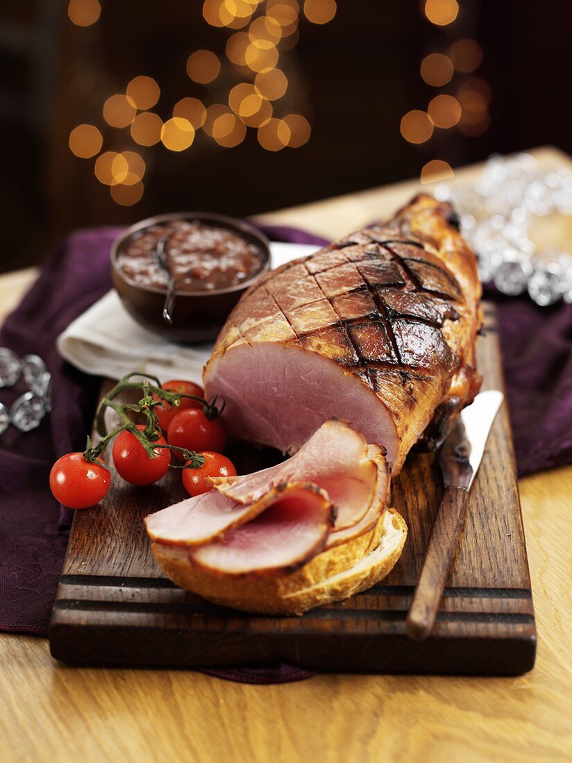 Roast ham with bread for Christmas dinner
