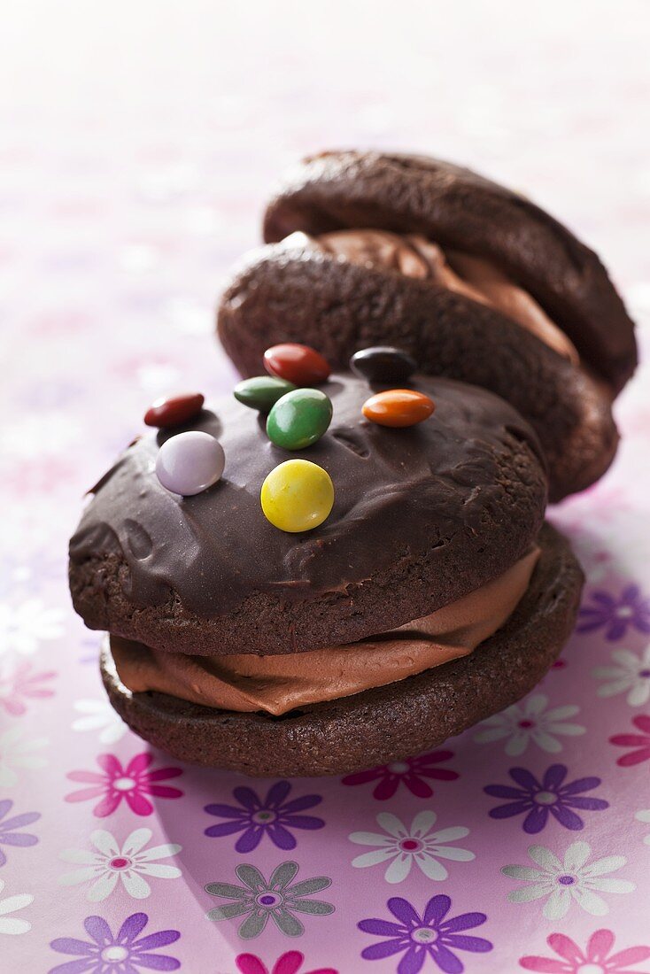 Chocolate whoopie pies with colourful chocolate beans
