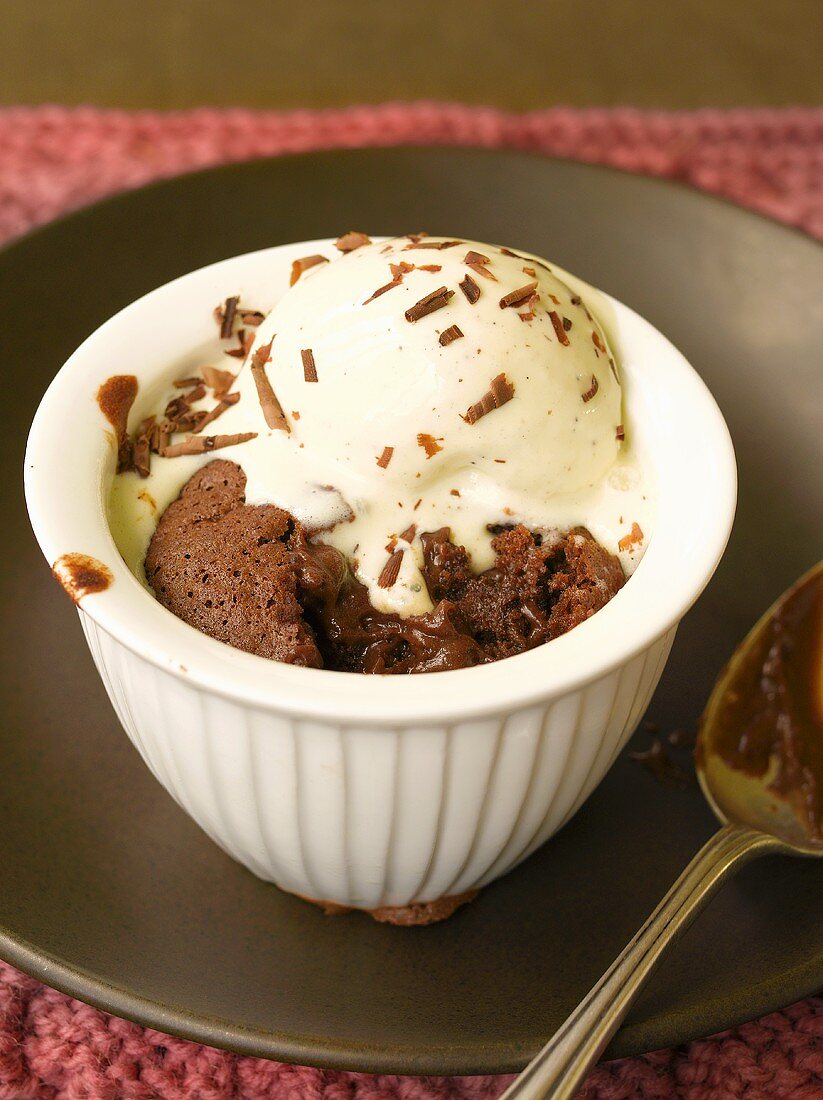 English chocolate pudding with vanilla ice cream