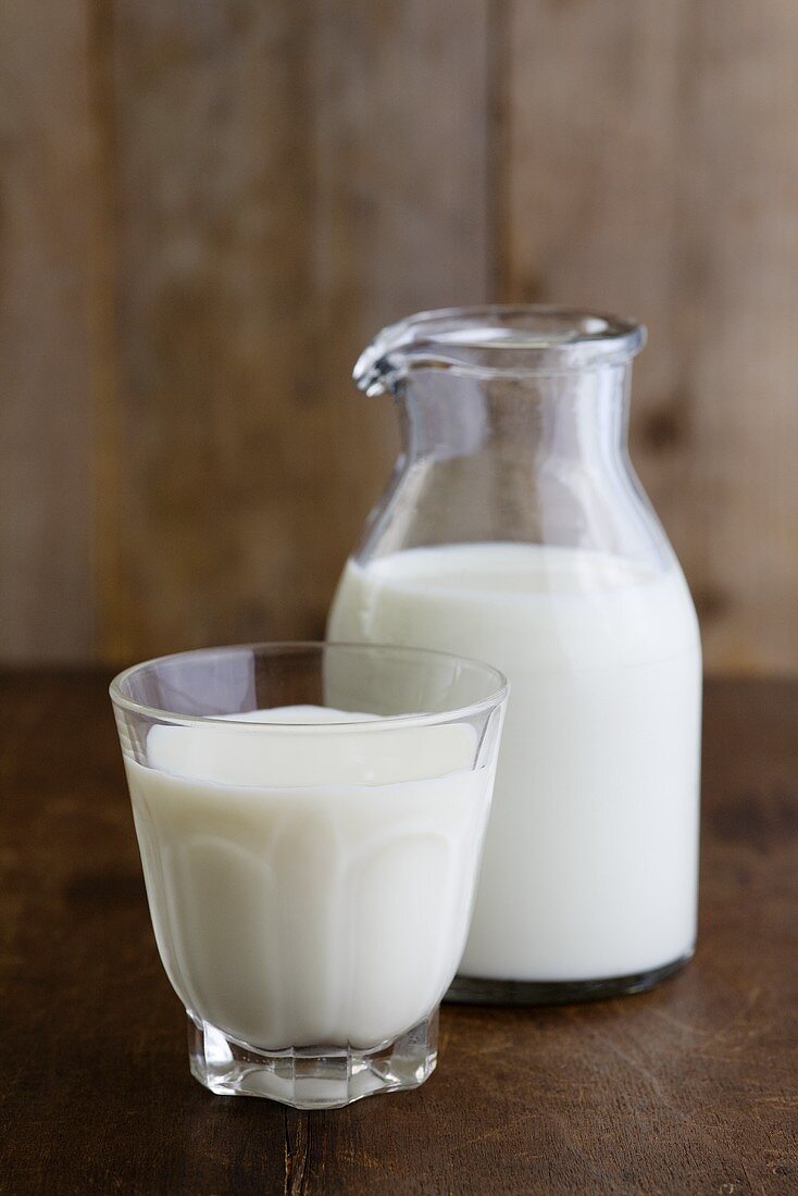 Milk in glass and glass jug