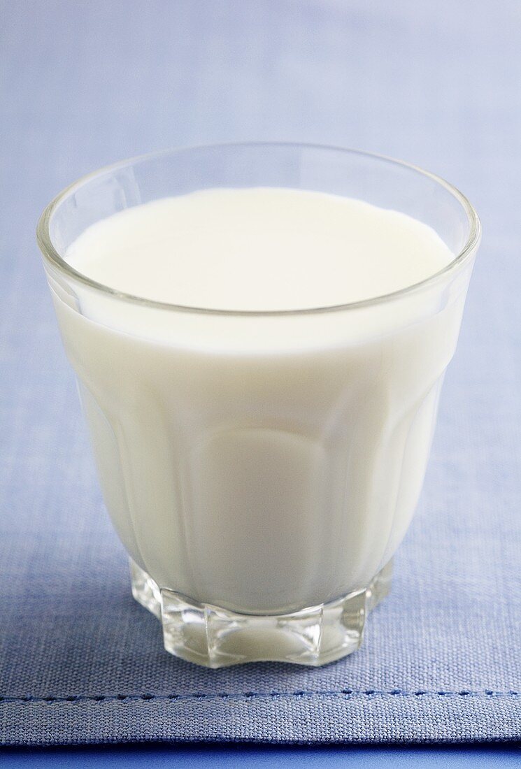 A glass of milk on a blue cloth