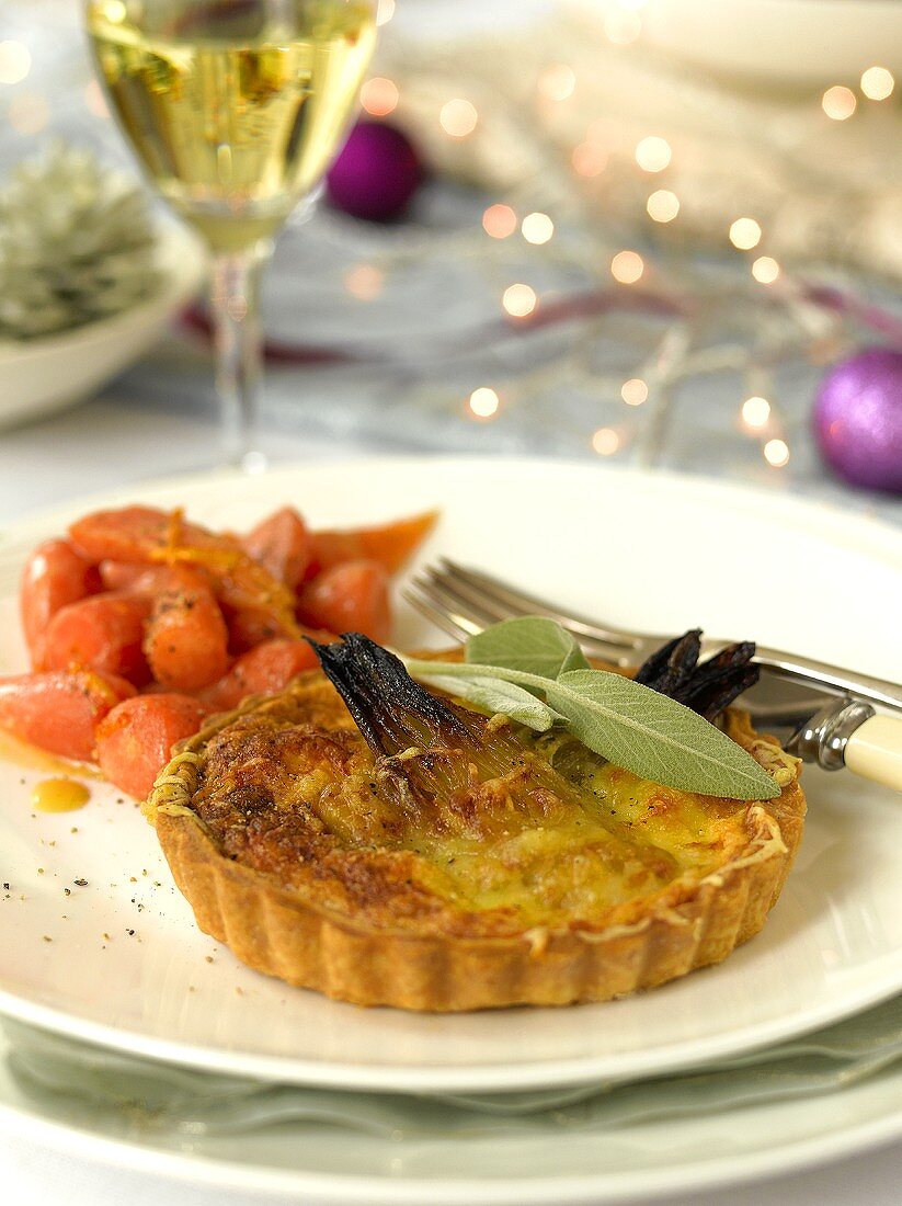 Shallot and cheese tartlet with glazed carrots