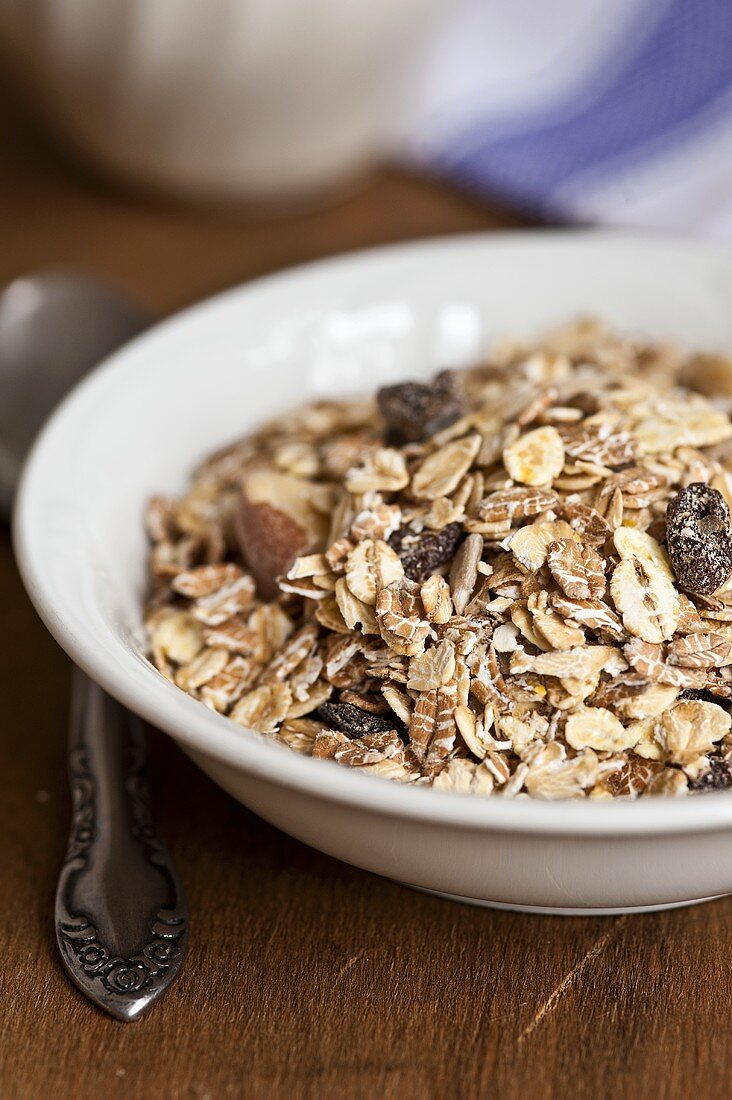 Müsli mit Rosinen in Keramikschale