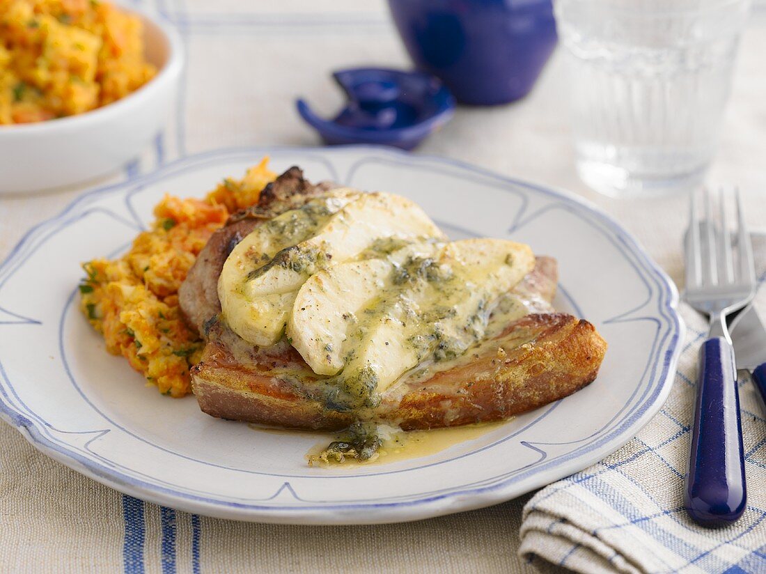 Pork chop with celery and vegetable puree