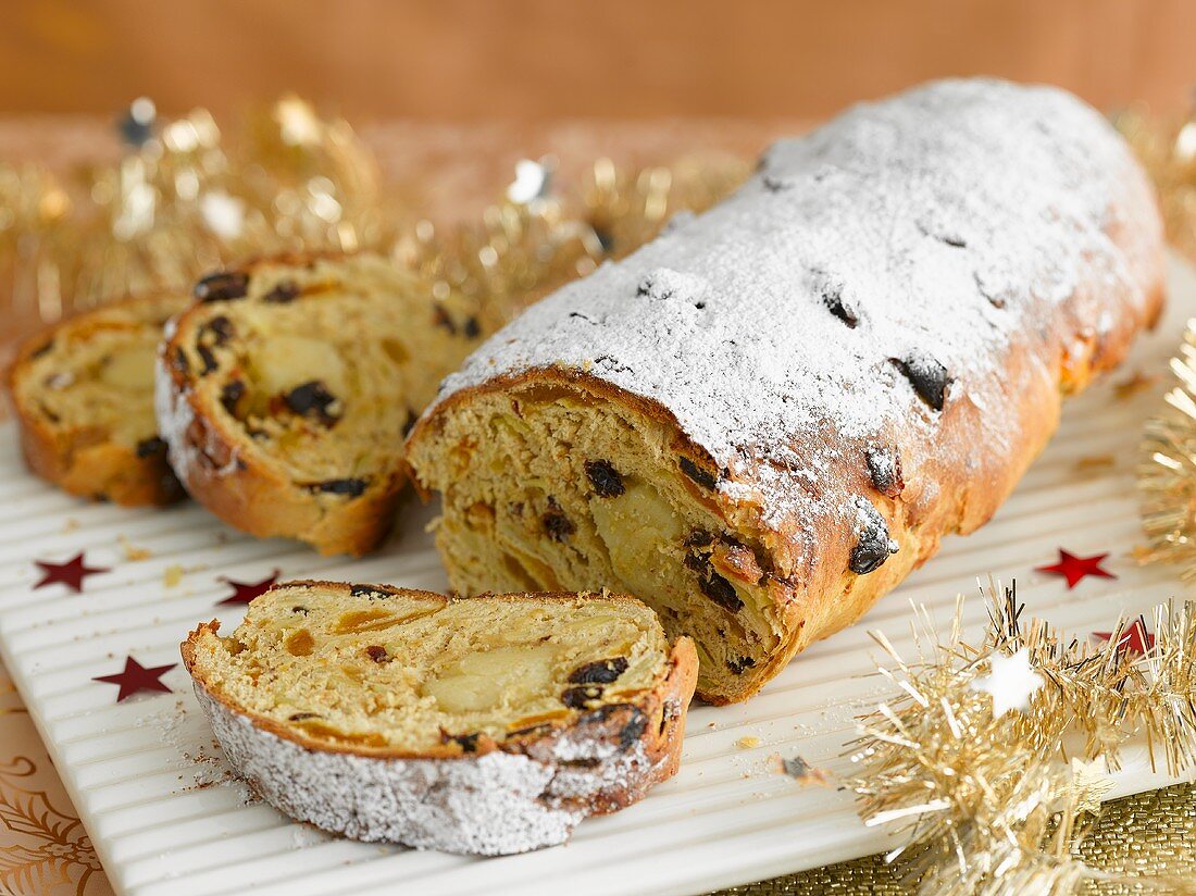Christmas stollen, partly sliced