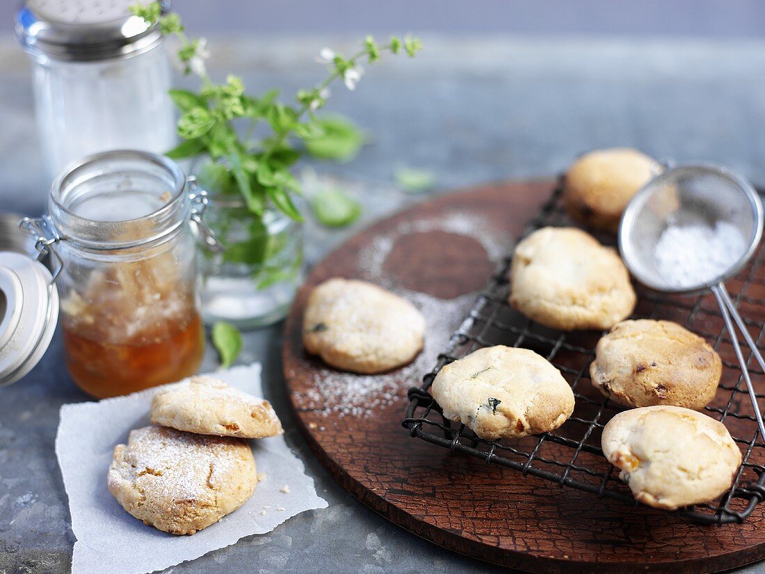 Scones with apricot-truffle honey and basil