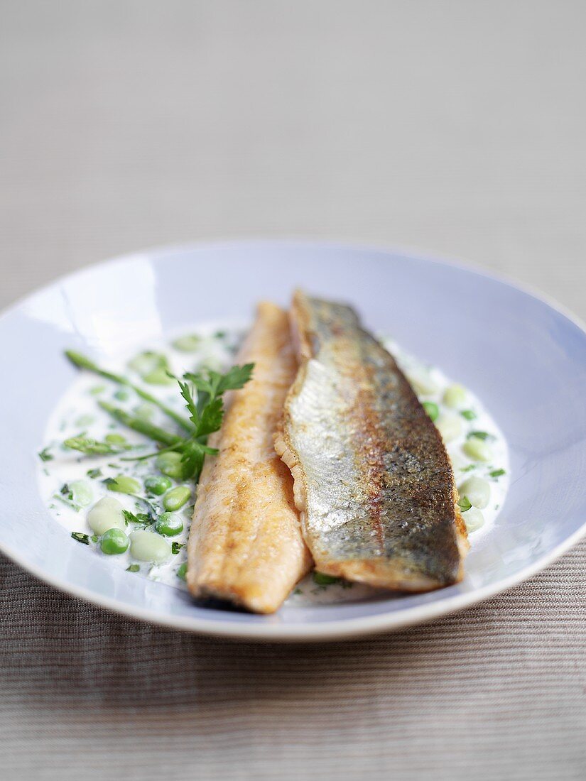 Trout fried in butter with peas in cream sauce