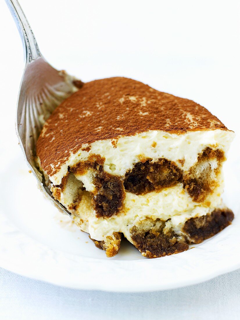 A piece of Tiramisu on a spoon