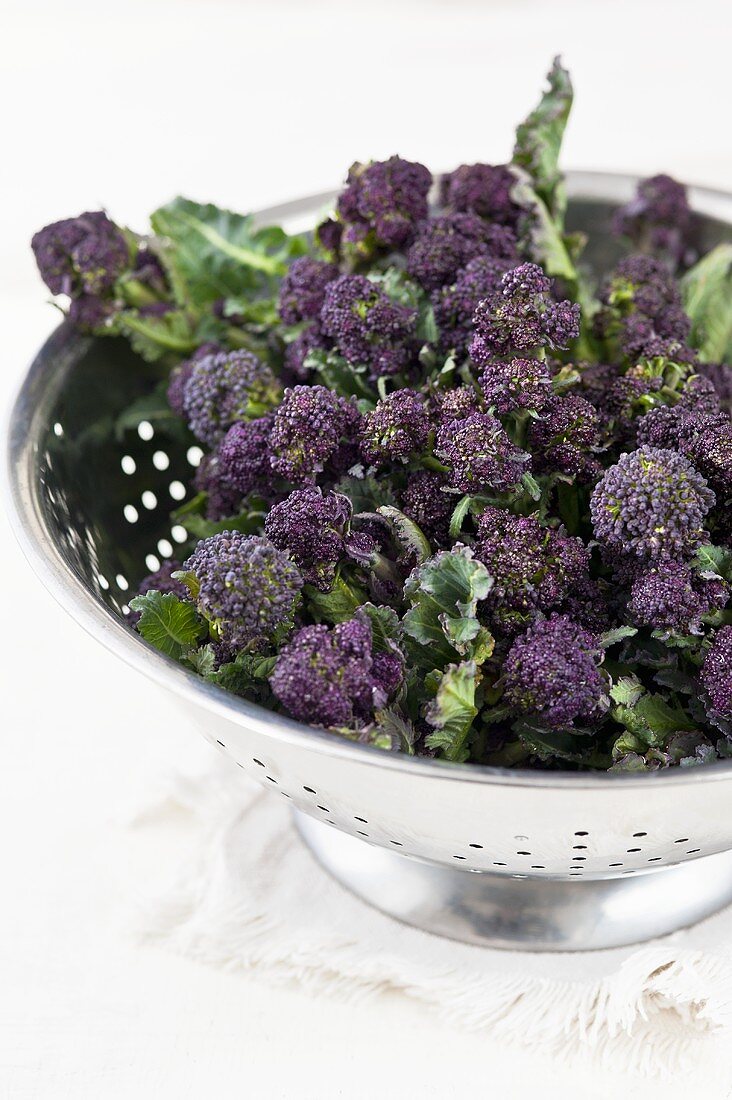 Purple sprouting broccoli in colander