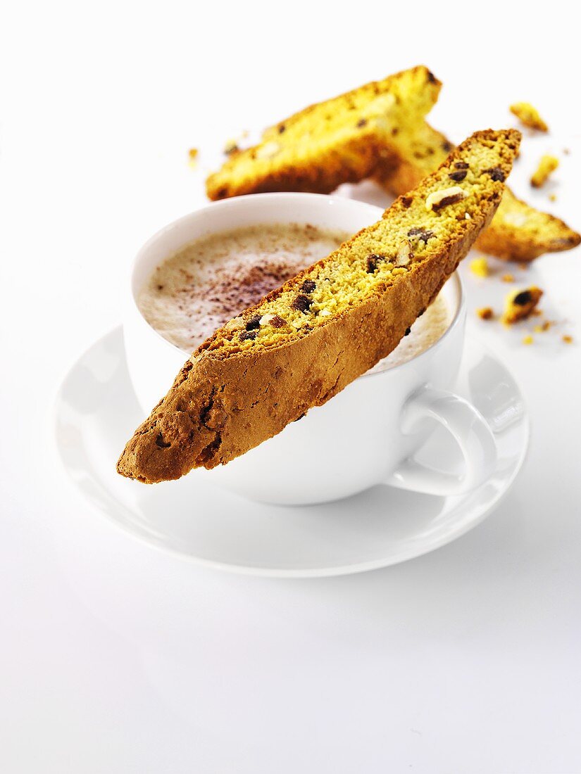 Almond biscotti and a cup of cappuccino