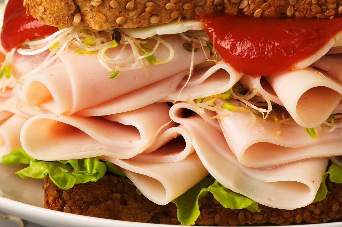 Turkey sandwich with sprouts and ketchup (close up)