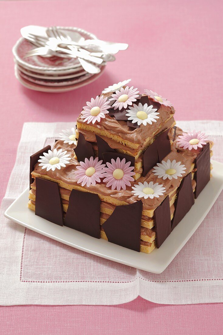 Chocolate mousse cake with decorated with flowers