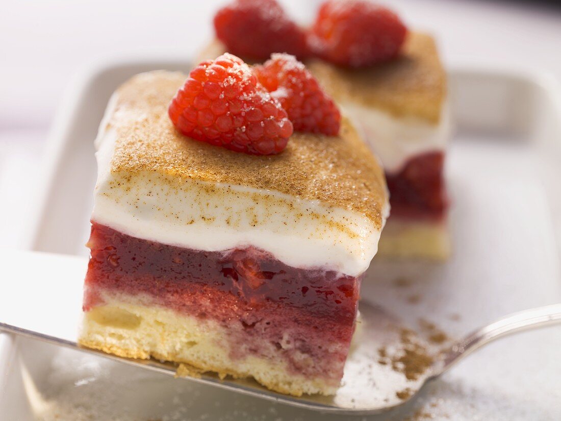 Raspberry cake with a sweet and sour cream topping