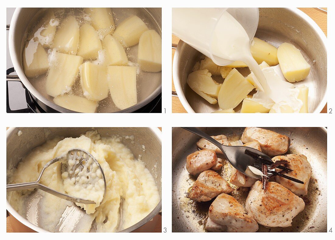Kartoffelpüree zubereiten und Hähnchenbrust anbraten