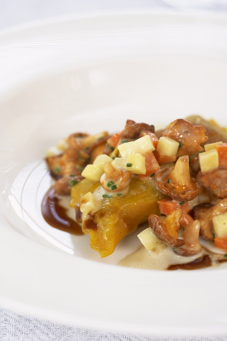 Venison ravioli with chanterelle mushroom ragout