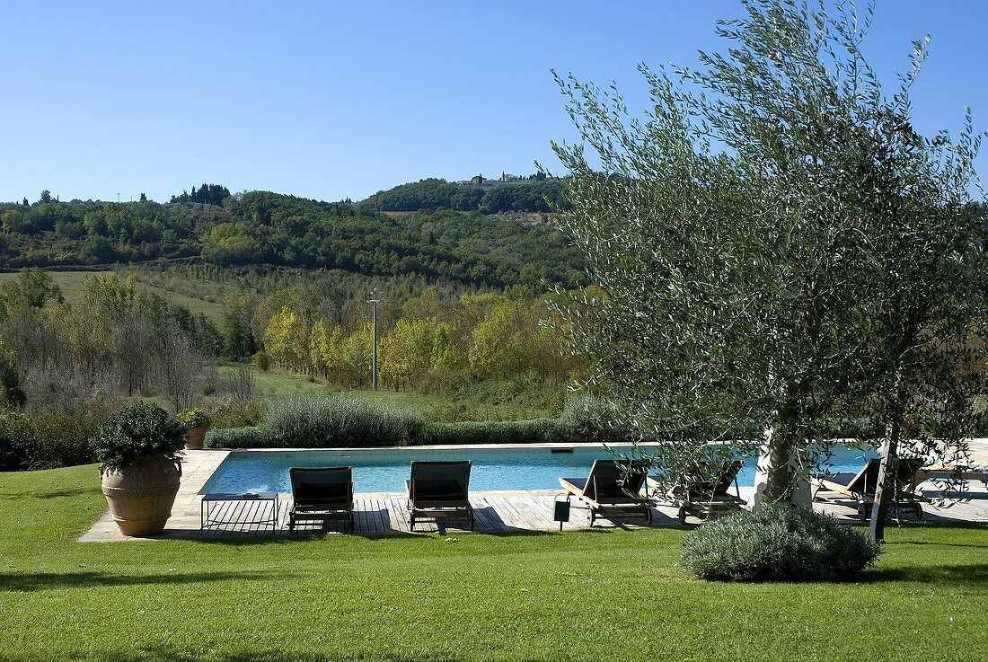 Pool mit Liegestühlen im Garten und Landschaftsblick