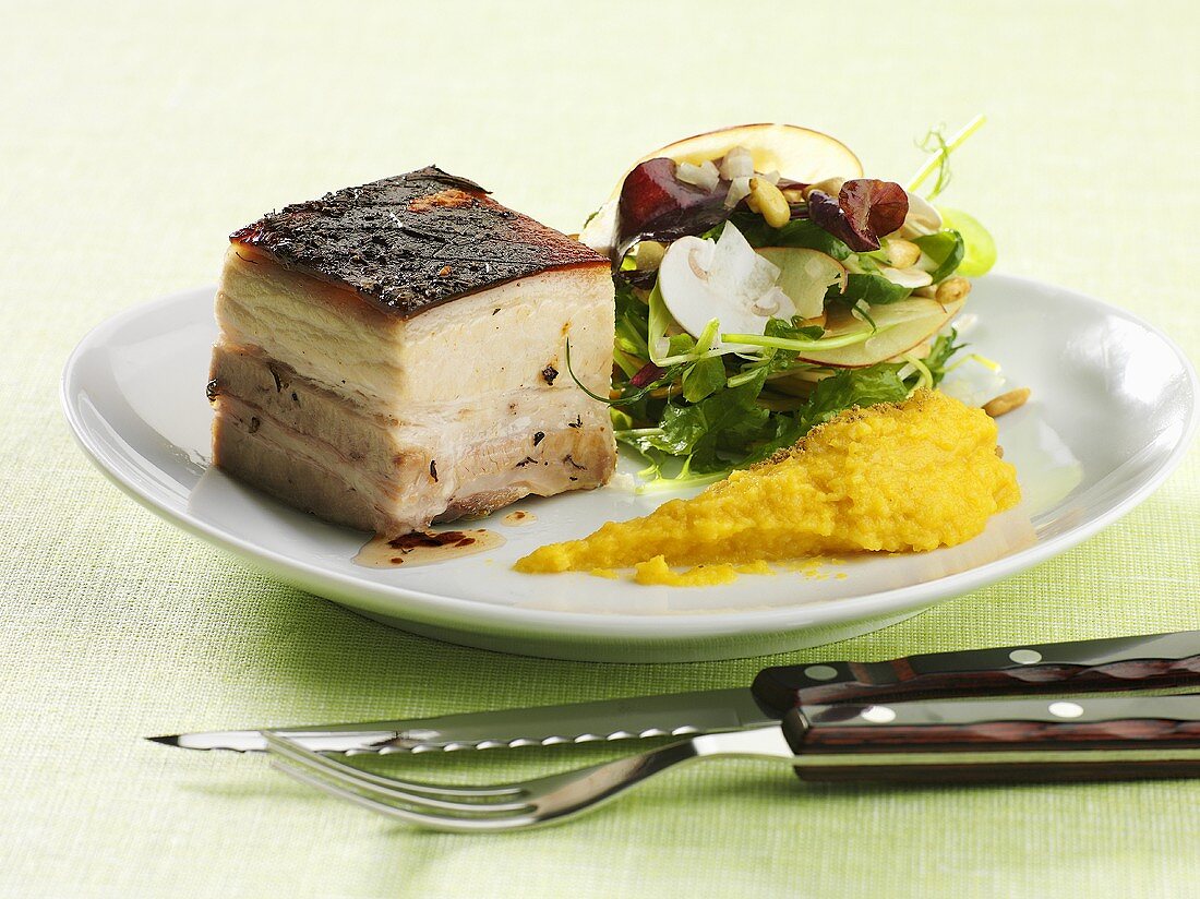 Pork belly with a side salad and pumpkin puree