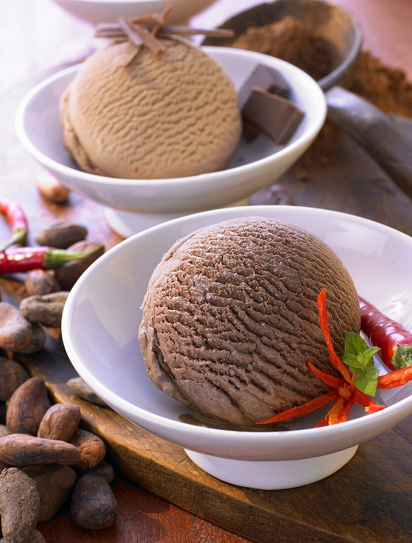 Chocolate ice cream and chocolate and chilli ice cream