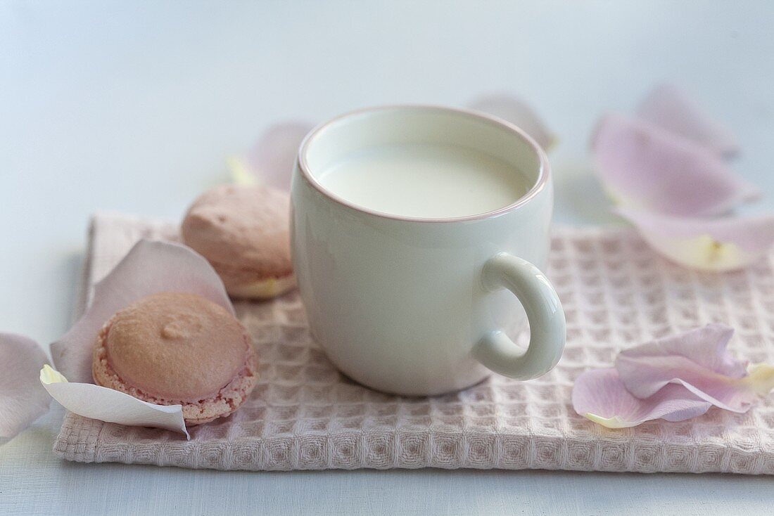 Eine Tasse Milch und Macarons mit Rosengeschmack