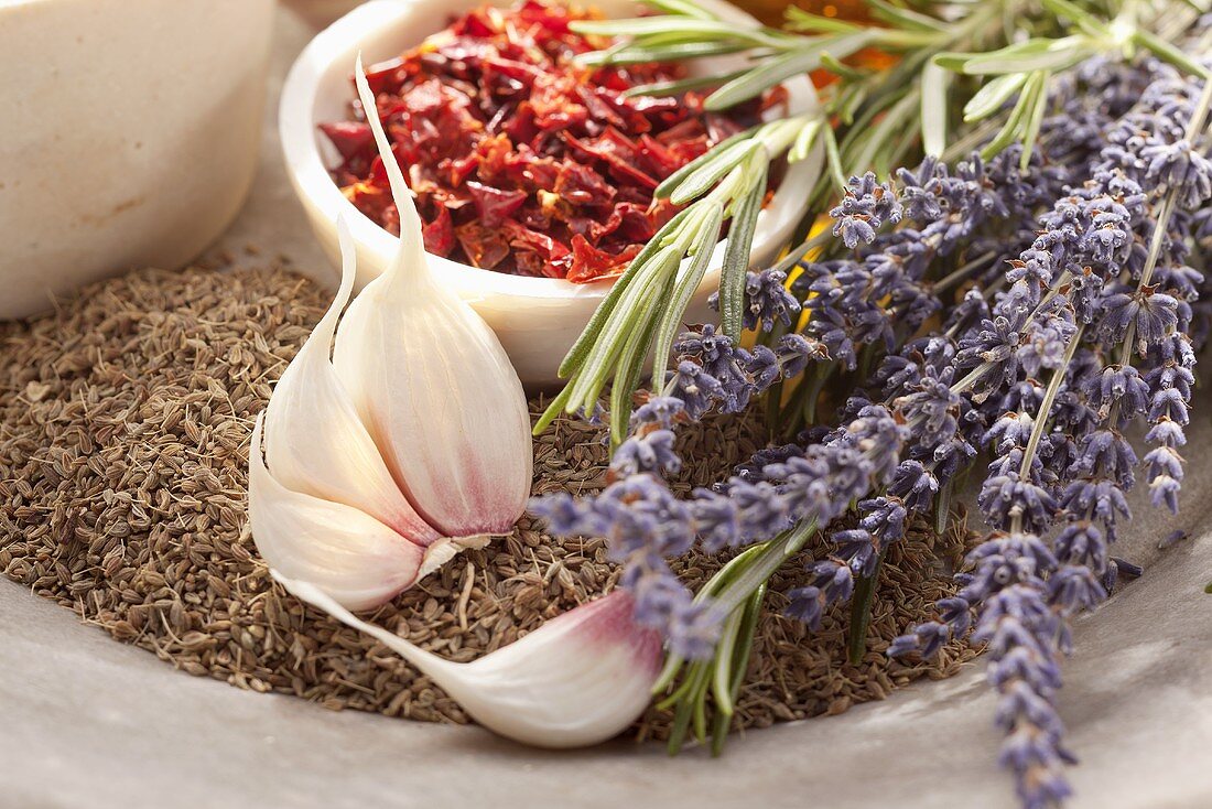 Spices, garlic, lavender and rosemary