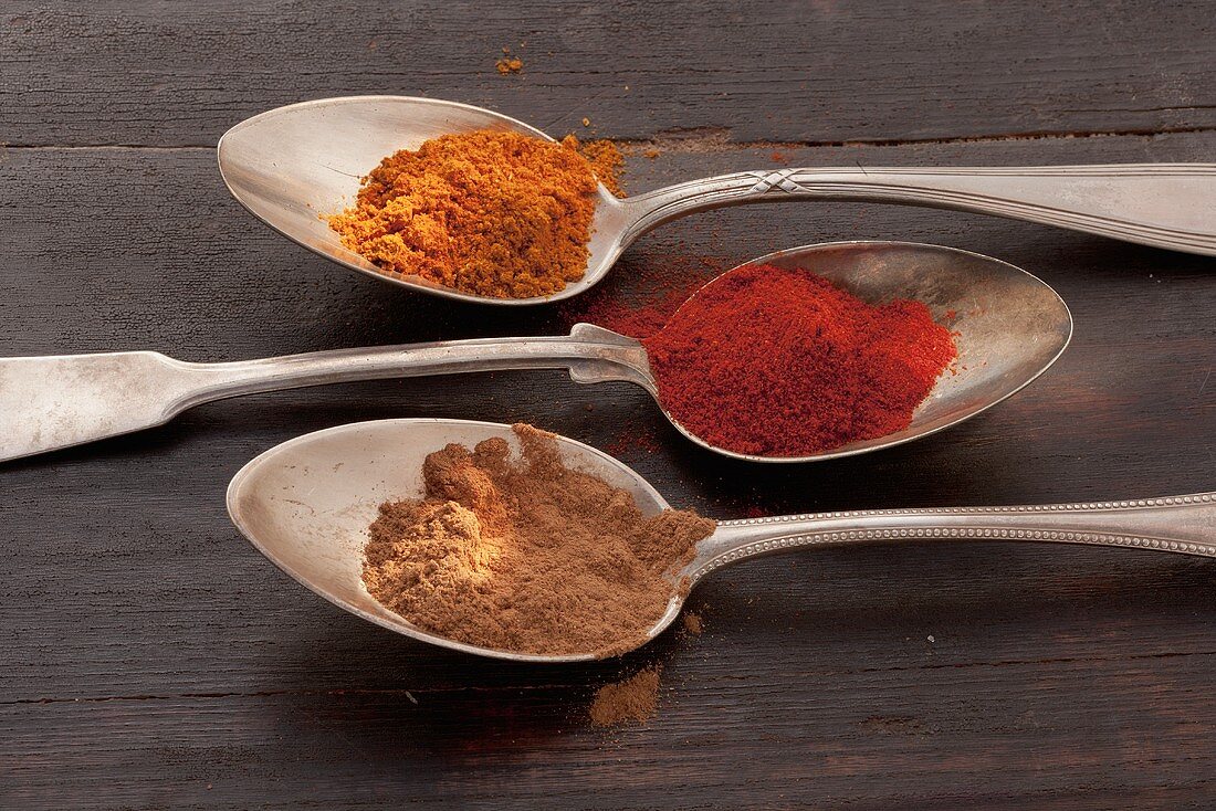 Three spoons of different types of spices