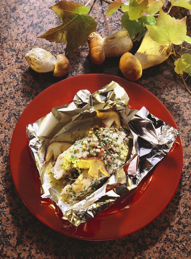 Foil-Cooked Haddock Cutlets with Mushrooms
