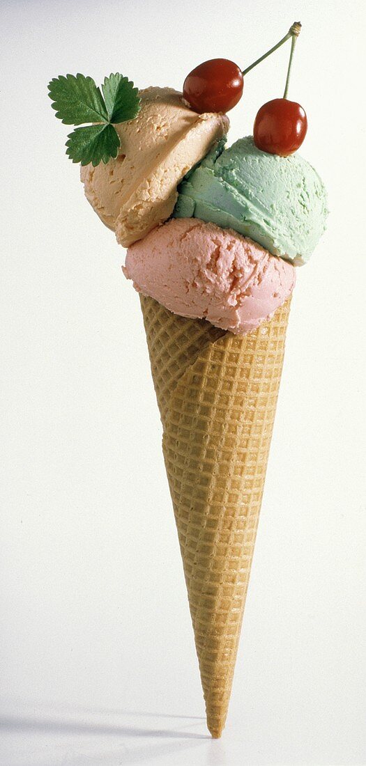 Waffle Cone with Colorful Ice Cream; Cherries