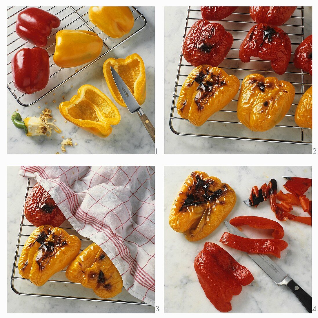 Grilling and skinning red and yellow peppers