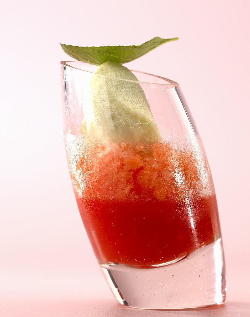 Tomato jelly with blood orange granita and basil and apple sorbet