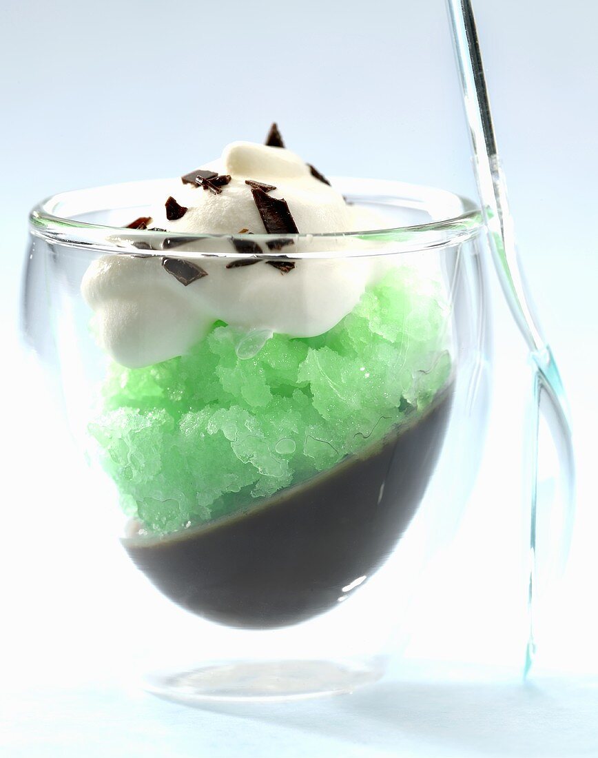 Cocoa jelly, mint granita and coconut cream