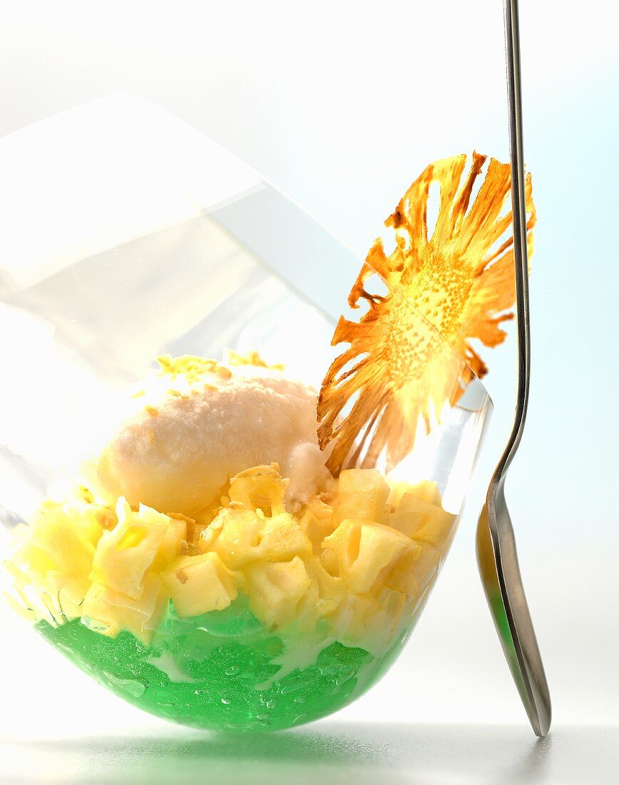 Mint jelly with pineapple and lemon sorbet