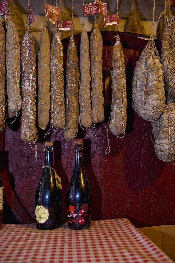 Salami hung in the Trattoria la Buca