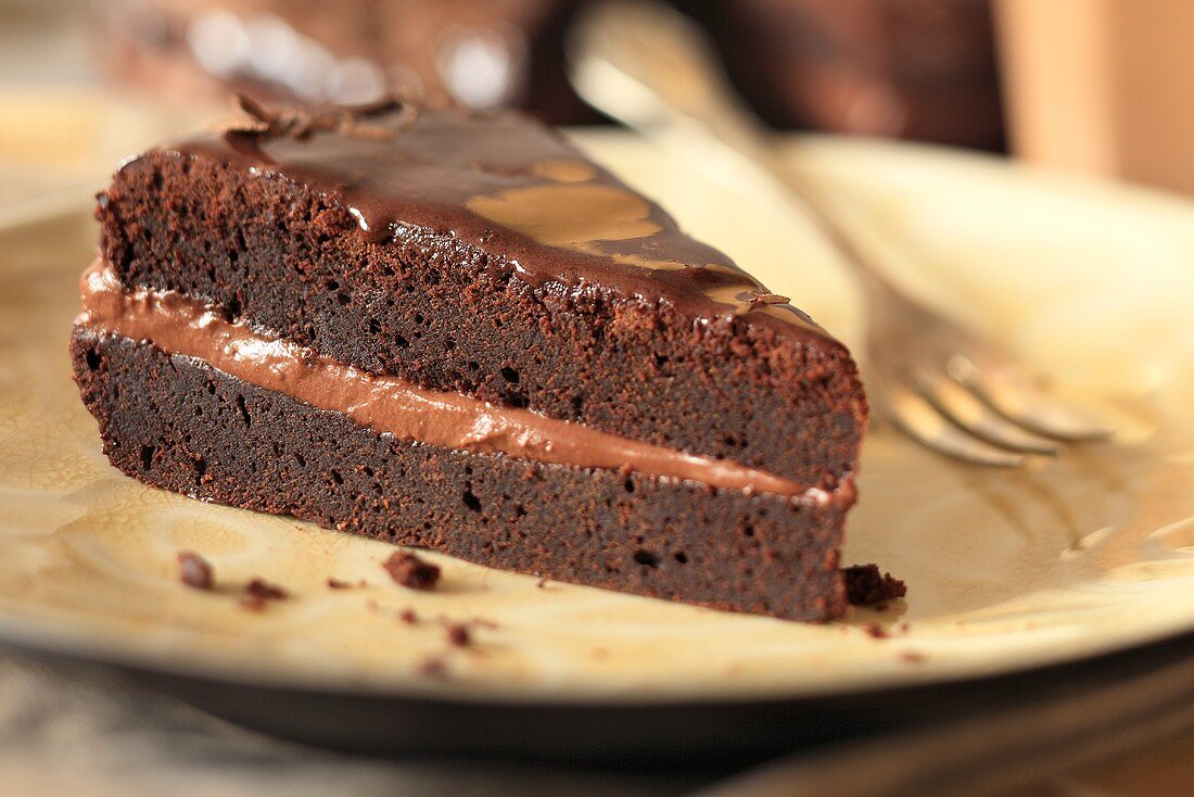A slice of chocolate cake with coconut cream