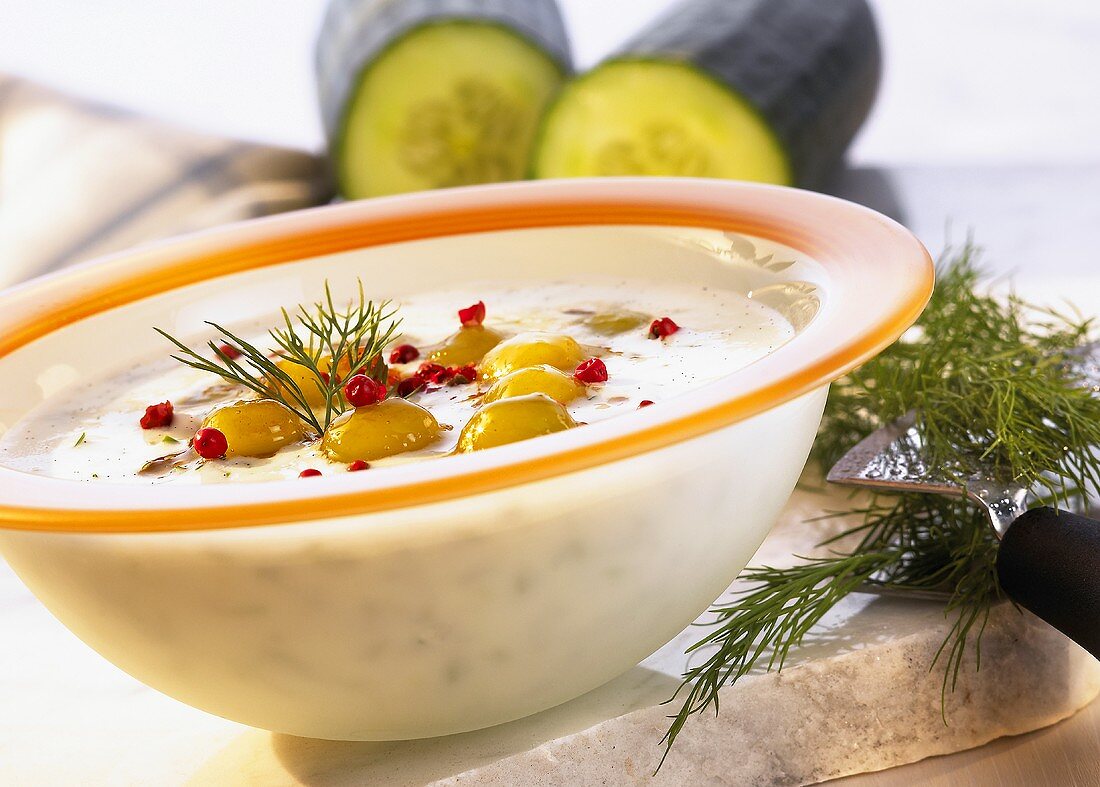 Cold kefir soup with cucumbers and pink pepper