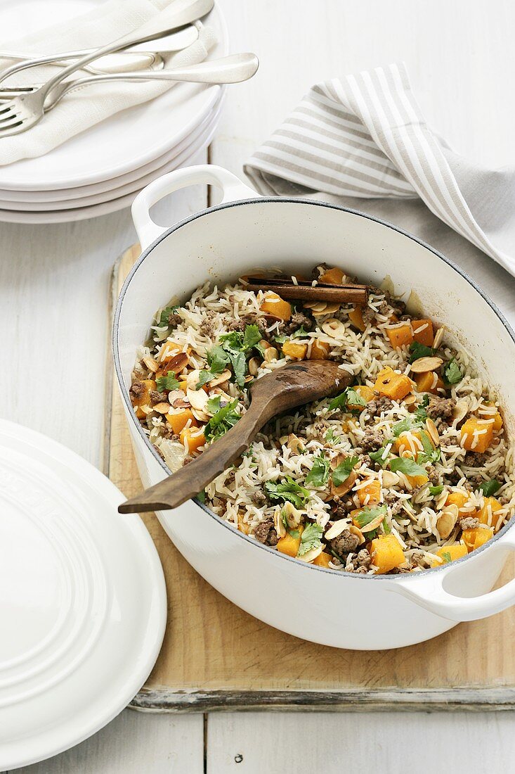 Pilau rice with beef and almonds
