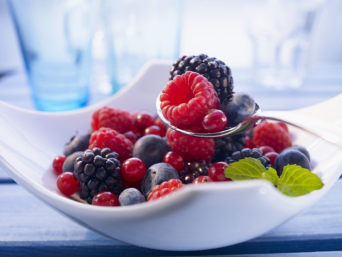 Various berries in a bowl and on a spoon