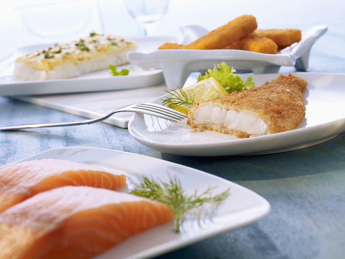 Fresh salmon fillet and various fish dishes