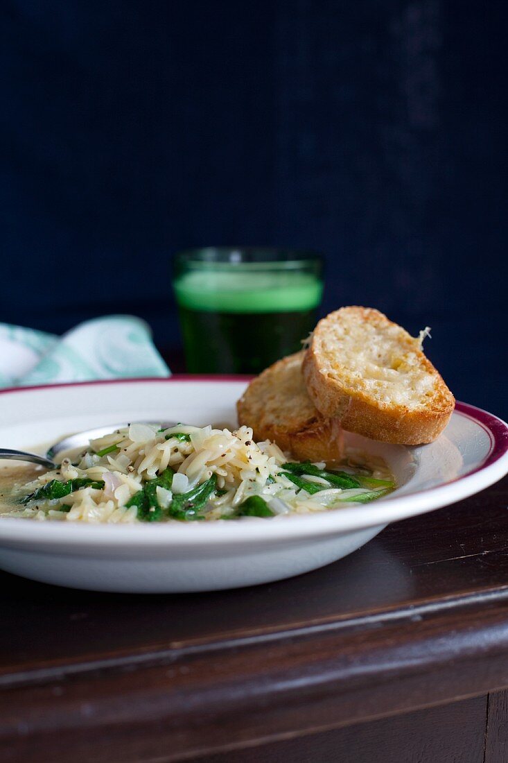 Spinach and risoni soup with Gruyere