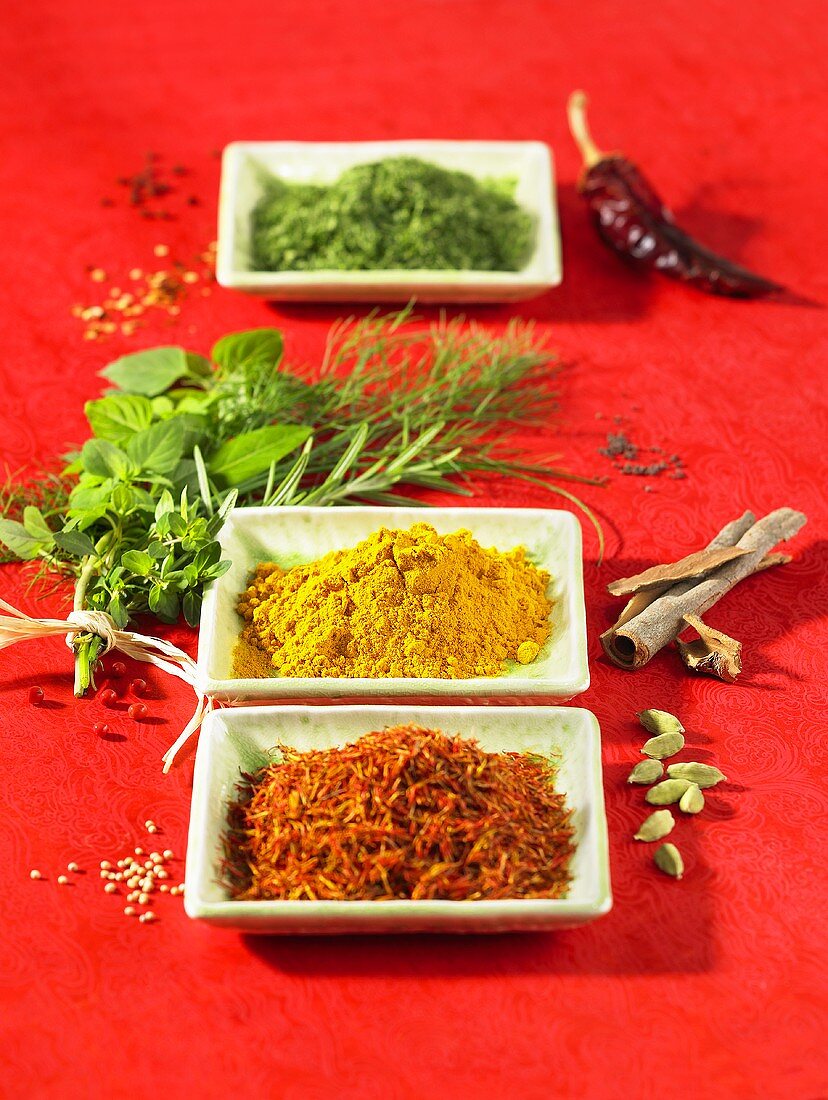 Dried chillis and turmeric powder in bowls with herbs and spices
