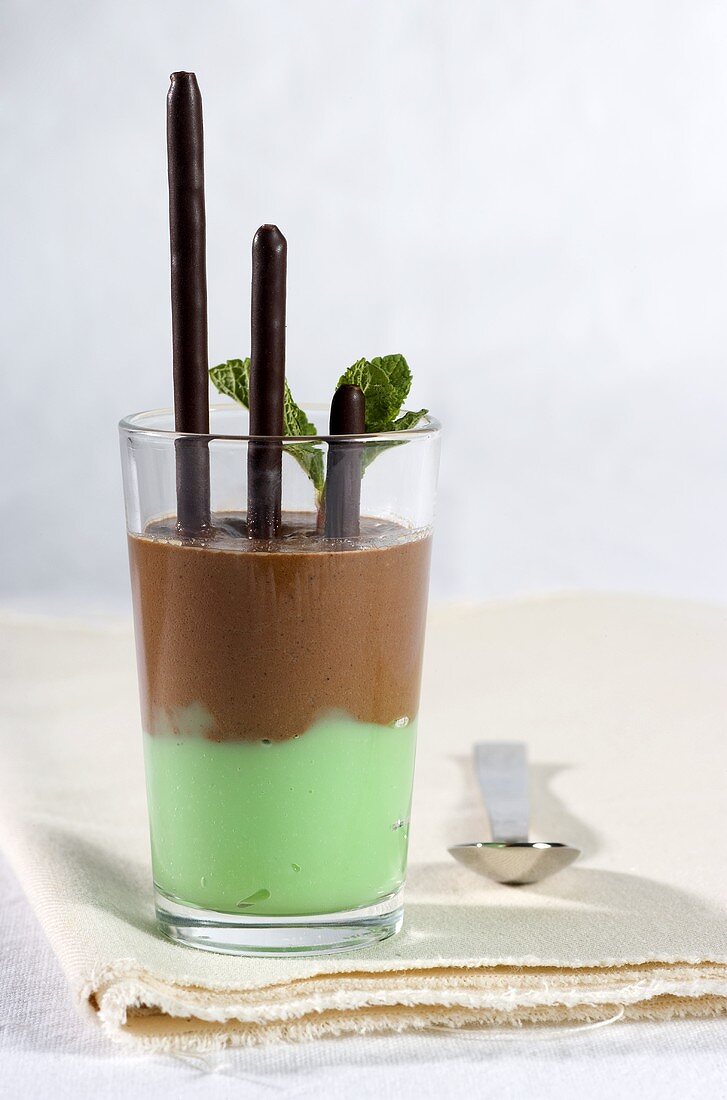 Chocolate and mint mousse with chocolate sticks