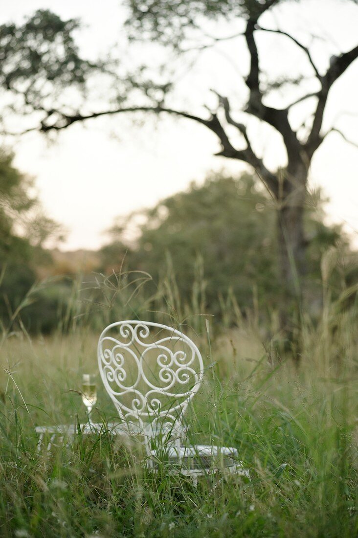 An artistic garden chair and table with a glass of champagne