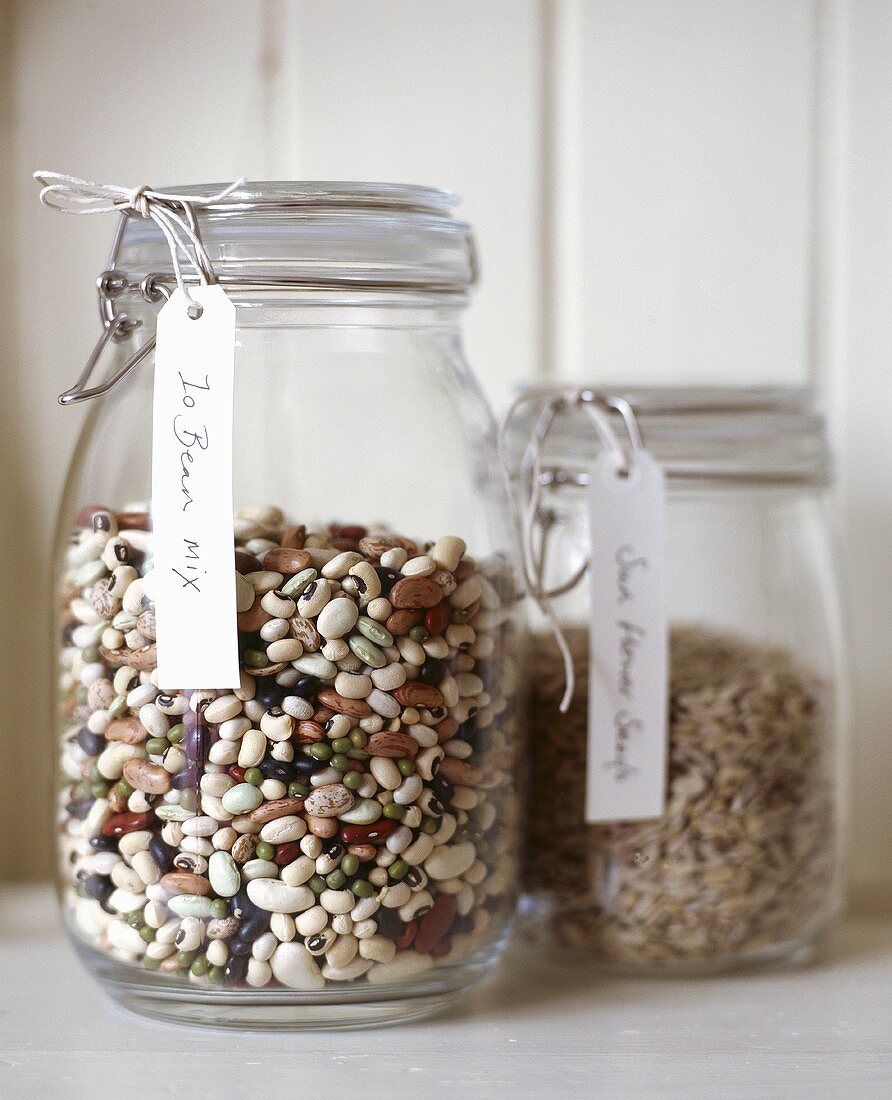 Beans and sunflower seeds in preserving jars