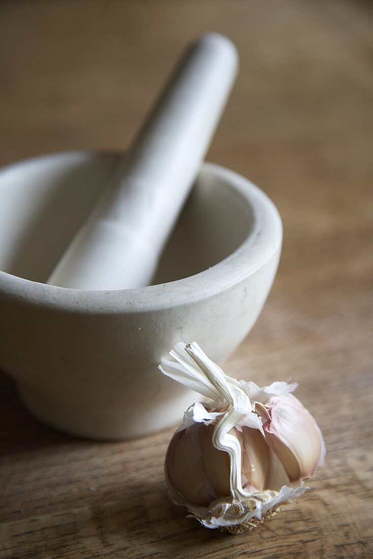 A mortar and garlic