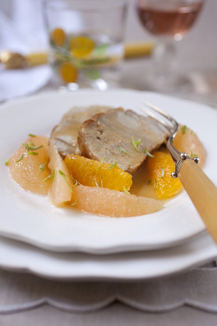 Roast veal with citrus fruit compote