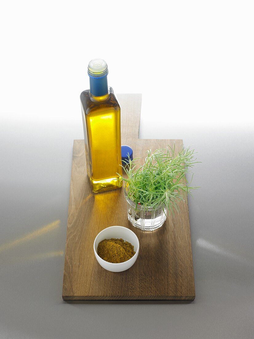 Olive oil with curry powder and rosemary for curry oil