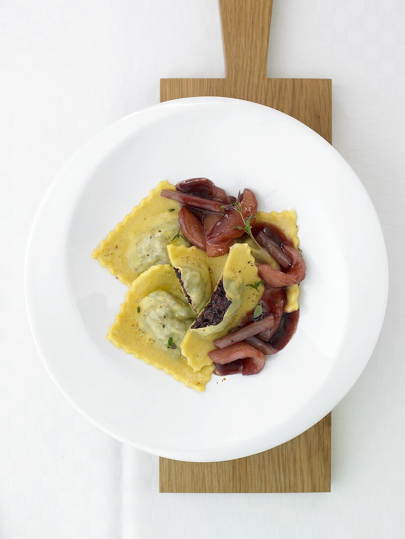 Blutwurst ravioli with apples and turnips