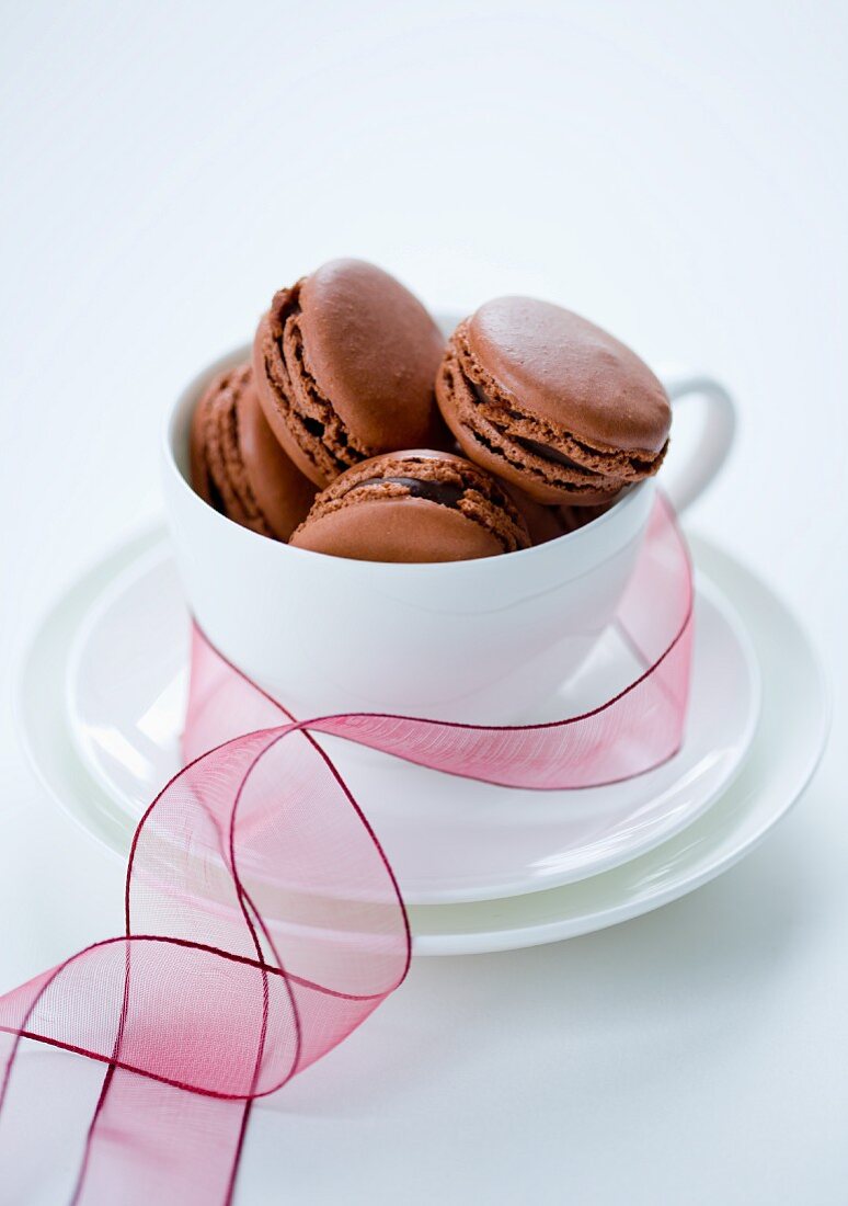 Chocolate macaroons in a teacup with ribbon